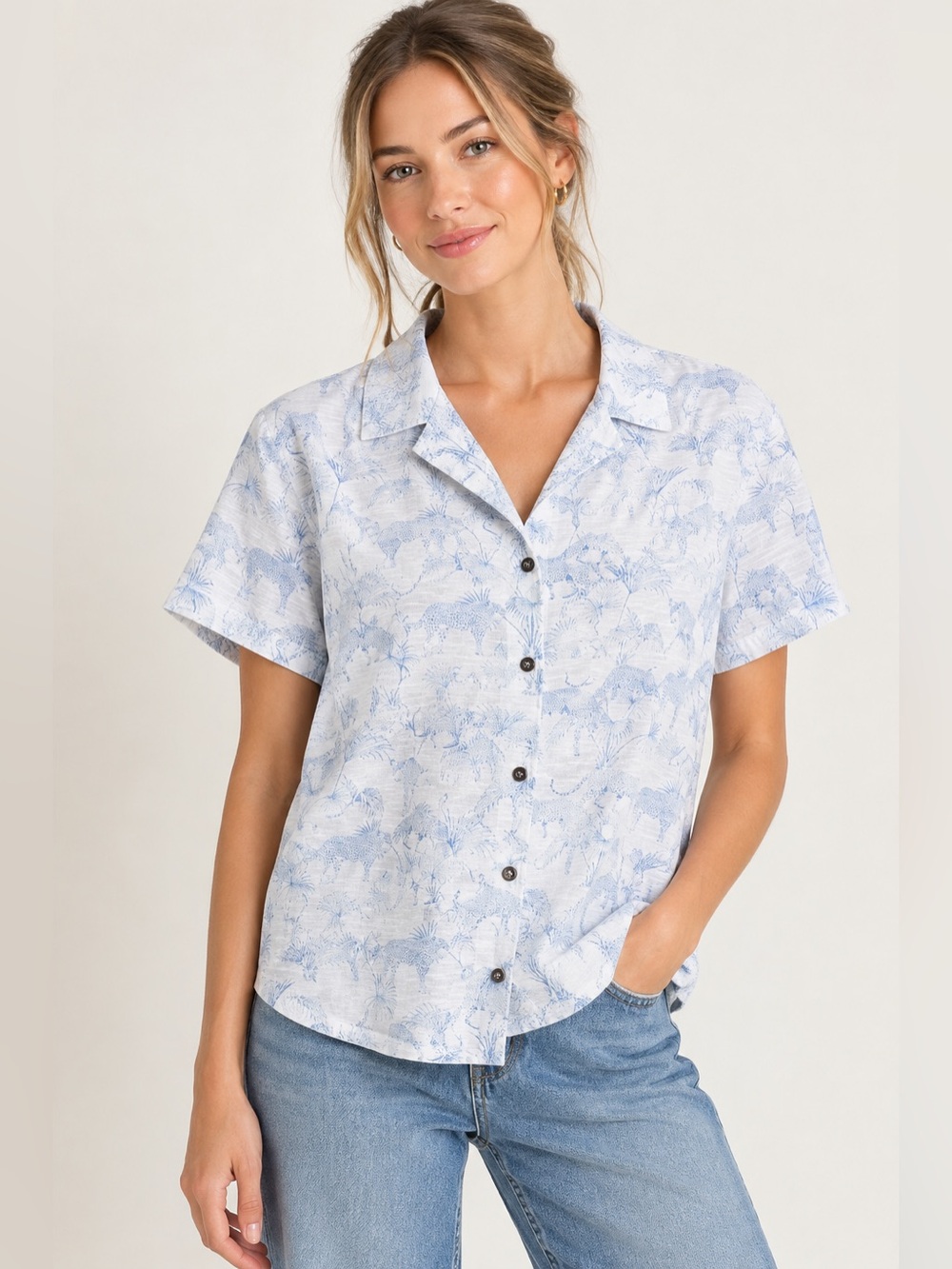 Jane + Delancey Novelty Print Short Sleeve Button Up Top Women XL White